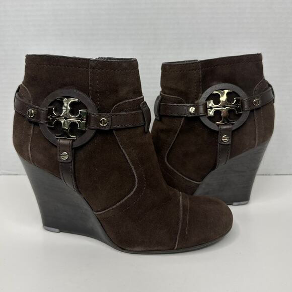 Tory Burch - Brown Suede "Aaden" Wedge Ankle Booties W/ Logo size 5.5 - Picture 2 of 11